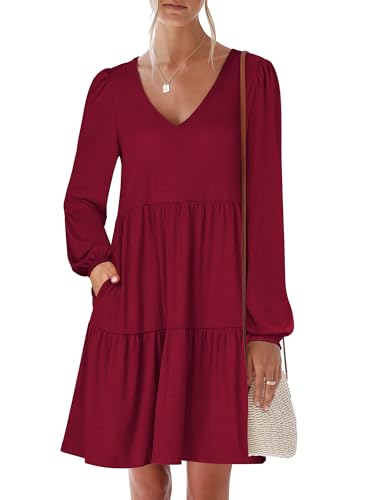 ANRABESS Womens Long Sleeve Dress 2025 Fall Casual V Neck Tiered Flowy Short Dresses Beach Travel Vacation Outfits Burgundy Medium