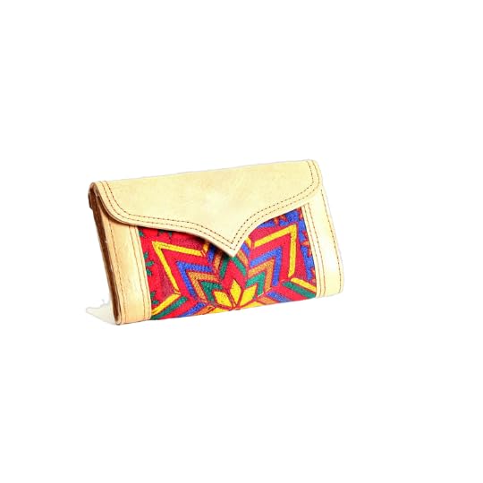 Handmade Suede Leather Wallet with Floral Print, Tan (Red, Small)