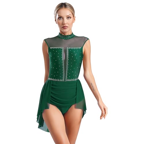 Justaucorps Ballet Femme Sans Manches Avec Strass Et Mesh - Pour Danse, Gymnastique, Patinage Artistique