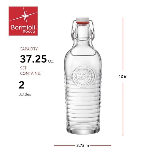 Bormioli Rocco Officina 1825 Swing Top Bottle with Handles (Set of 2) - 37.25 oz with Flip Top, Airtight Beverage Storage Bottles for Juice, Wine, Kombucha, Salad Dressing - Made in Italy