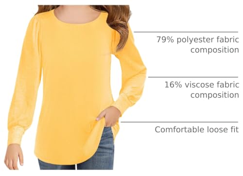 Image of Haloumoning Girls Puff Long Sleeve Shirts Fall Tops 5-14Y | Casual,Solid Color,Crewneck, Soft, Tunic Tops Blouse,Kids Long Sleeve T Shirt,,Fashion Clothes