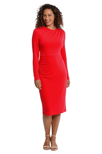Image of London Times Women's Dresses Draped Neckline Slimming Midi Length Jersey Sheath Dress with