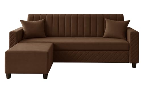 Image of 3 Seater Velvet Sofa with Ottoman | Modern Upholstered Couch | Quilted Design | Soft Comfortable Seating | Sturdy Wooden Frame | Living Room, Office - Brown