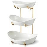 HOMKULA Ceramic Fruit Bowl for Kitchen Counter - 3 Tier Fruit Basket with Metal Stand, Tiered Fruit Stand for Countertop, Snack, Nuts, Cake, Dessert, Cute (Gold, Small) 1