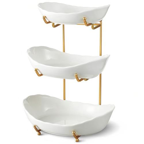 HOMKULA Ceramic Fruit Bowl for Kitchen Counter - 3 Tier Fruit Basket with Metal Stand, Tiered Fruit Stand for Countertop, Snack, Nuts, Cake, Dessert, Cute (Gold, Small) 1