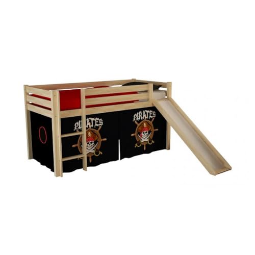 VIPACK PICOHSGB1077 Spielbett Pino mit Rutsche und Textilset Pirates, Maße 210 x 114 x 218 cm, Liegefläche 90 x 200 cm, Kiefer massiv Natur lackiert