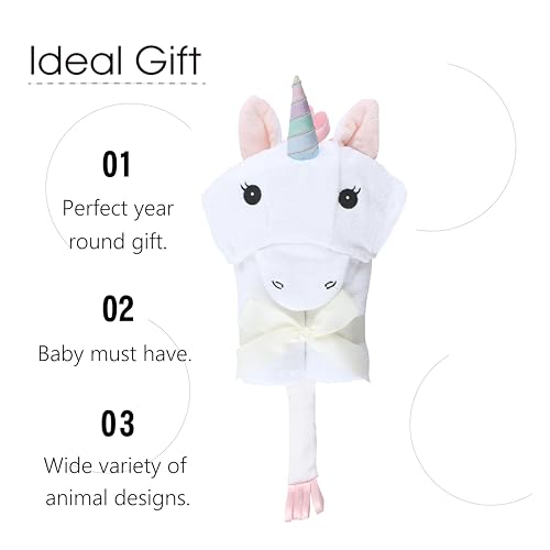 Image of DEIGO Unicorn Animal Hooded Towel for Newborn to Toddler - Baby Must Haves - Ideal Registry for Baby Boy and Girl Gifts - Unicorn, White, 23.6 Inchx32.3 Inch