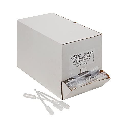 Globe Scientific Transfer Pipet, 137030-500, 5.0mL Capacity, Large Bulb, Non-Sterile, Graduated to 1mL, 145mm Length, Bulb Draw - 3.4mL, 500/Box by Globe Scientific - Used condition - US$10.66