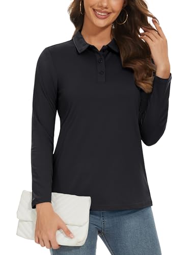 MAGCOMSEN Women's Long Sleeve Polo Shirts UPF 50+ Golf Tops Moisture Wicking Collared Shirt Tennis 3-Button4