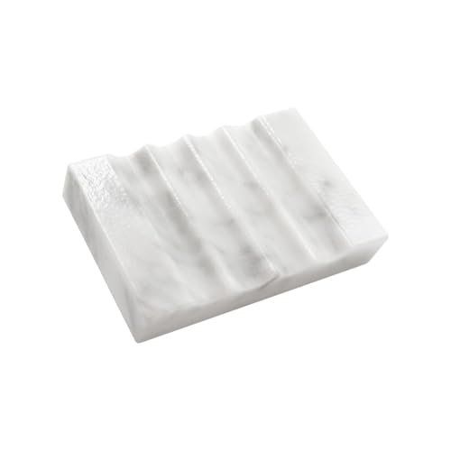WeDoDecor Real Marble Soap Dish for Shower Stone Tray Small Bar Soap Holder with Self Draining | Non-Slip Luxury Bath Room Accessories (White)