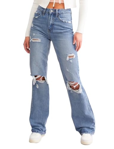 Loose Jeans for Women High Waist Wide Leg Ripped Destructed Jeans Boyfriend Baggy Bootcut Denim Pants Y2k