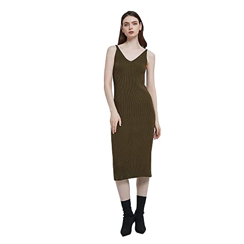 Image of Women's Sleeveless Sweater Dress Knit Slim V Neck Bodycon Midi Stretchable Elasticity Slim Fits