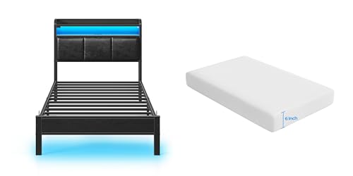 Rolanstar Bed Frame Twin Size with Charging Station, LED Bed Frame with Storage Headboard, Black - 6 Inch Gel Memory Foam Mattress, Gel Infused, Fiberglass Free, Medium Firm Mattresses