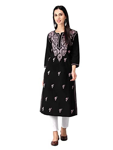 Image of Seva Chikan Hand Embroidered Lucknowi Chikankari Regular Straight Cotton Kurta Kurti for Women SCL4243
