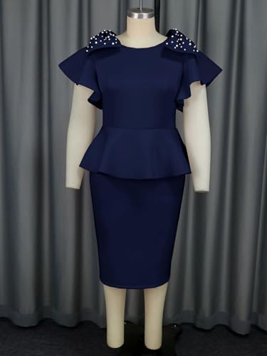 Image of ONTINVA Women's Plus Size Pencil Dress Bowtie Beaded Ruffle Flared Sleeves Wedding Guest Dress Wear to Work Dresses