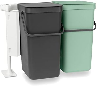 Brabantia - Sort & Go Kosz na Śmieci 2x16L - Podwójne Pojemniki na Odpady - do Zabudowy - Pokrywa Stay Open - Uchwyt do Przenoszenia - do Stosowania pod Zlewem - Dark Grey/Jade Green - 52 x 37 x 43 cm