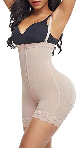 FeelinGirl Women Waist Trainer Shapewear Zipper & Hook Body Shaper Shorts High Waist Butt Lifter Comfort Thigh Slimmer Beige,XL