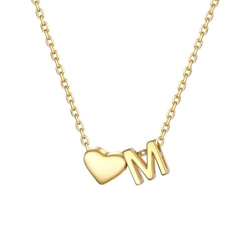 PROSILVER Initial Heart Necklace for Women, 925 Sterling Silver Tiny Heart Letter Necklace Siver, Gold Necklace, Come with Box -M Gold