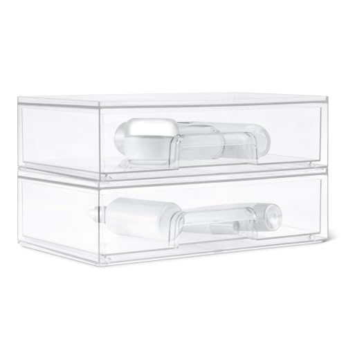 Image of Amazon Basics Stackable Plastic Storage Makeup Organizer Drawers, Clear, 12.1 inch x 7.6 inch x 3.5 inch, 2 Pack