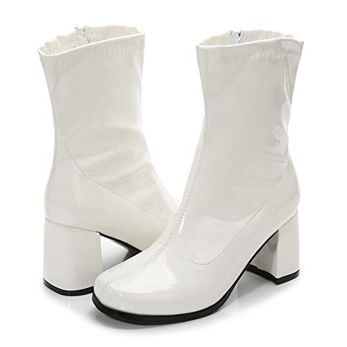 Heiyom Women's Go Go Boots Mid Calf Block Heel Zipper Boot Disco Costume Winter Shoes For Women White-37(235/Us8) #TOP6