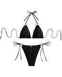 Falainetee Traje de baño a Cuadros para Mujer, Traje de baño de Cintura Alta, triángulo Halter, Conjunto de Bikini, Negro Rosa, S