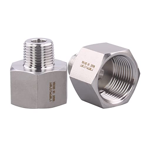 Image of Forged Reducer Adapter Fitting - Stainless Steel 304 Reducing Pipe Connector, 1 inch NPT Female x 1 /2 inch NPT Male (pack of 2)