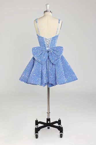 Fu Jiang Sparkly Sequin Homecoming Dresses 2025 Short Spaghetti Straps V Neck Cocktail Party Gowns with Bow2