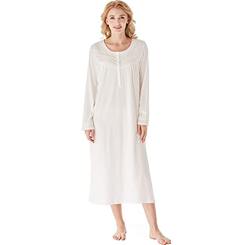 Keyocean Nightgowns for Women, Soft 100% Cotton Knit Nightgowns, Comfy Long-Sleeve Ladies Sleepwear Gown for Mom