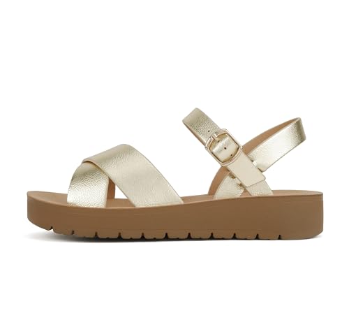 Image of Soda CHESTER ~ Women Flat Sandals Flatform Ankle Buckle Criss Cross Band Straps Sandals Shoes (Gold Raffia, 5.5)