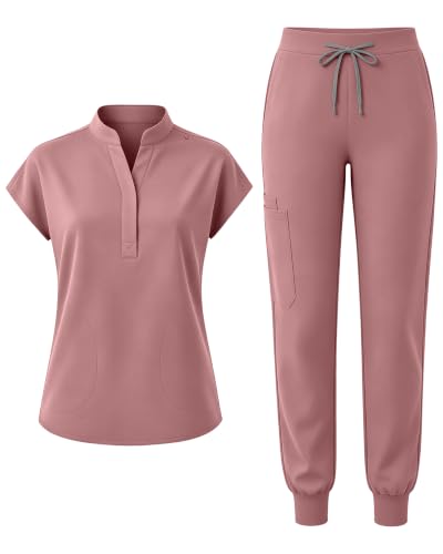 Reinwaete Scrubs for Women Set, Stand Collar Top & Jogger Pant 8 Pockets