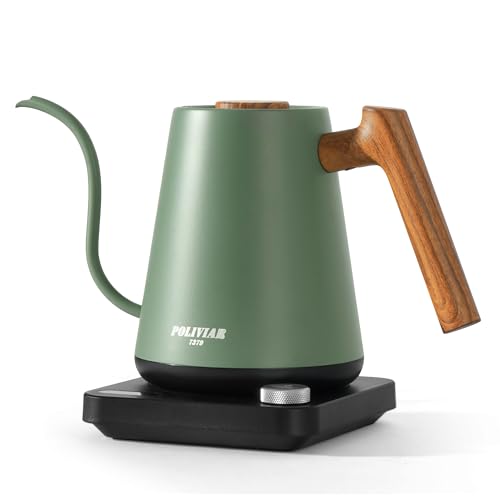 Image of POLIVIAR Electric Gooseneck Kettle, 1350W Electric Tea Kettle Wood Pattern Handle, 34oz Pour Over Electric Kettle for Coffee & Tea, 18 /8 Stainless Steel Inner, Temperature Control & Rapid Heating