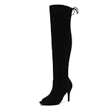 Women's Peep Toe Thigh High Boots Over The Knee Boot Sexy Stiletto Heel Lace Up Open Toe Pull on Long Boots Black Suede -38(240/US8)