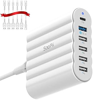 USB C Charger, SooPii 68W Charging Hub, 6 Port USB Charging Station with One 30W PD/PPS Port and One 18W QC Port for Laptops, Phones and other electronics, 6 Mixed Charging Cables Included, White