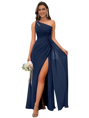 Image of OFEECHUN Women's Chiffon One Shoulder Bridesmaid Dresses Long Pleated Formal Evening Gowns with Slit
