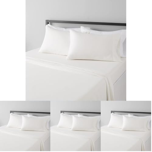 Image of Amazon Basics Lightweight Super Soft,Wrinkle-Free,Breathable Microfiber 4 Piece Bed Sheet Set with 14-Inch Deep Pockets,King,Cream,Solid,(Pack of 4)