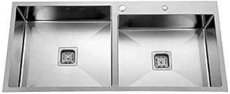 BLACKADO Double Bowl Handmade Rectangular Premium Sinks 304 Grade Stainless Steel Drainboard Satin Finish Modular Kitchen Accessories Sinks With Tap Hole (32x18x10", 32x18 x10")