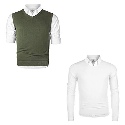MOCOTONO Men's V-Neck Sweater Vest Green Small | Men's Crew Neck Long Sleeve Pullover White Small (Bundle)