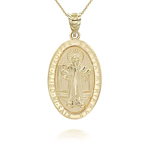 Solid 10K Yellow Gold Medalla De San Benito Saint St Benedict Oval Medal Pendant Necklace, 22" #TOP27