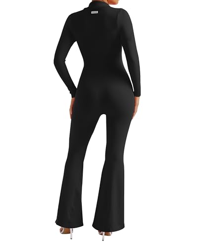 Mooslover Women V Neck Polo Collared Long Sleeve Jumpsuit Ribbed One Piece Bodycon Flare Jumpsuits thumb #5