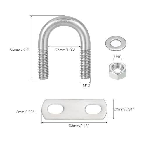 Image of uxcell Round U-Bolts, 4 Sets 27mm(1.06 inch) Inner Width 56mm Length M10 304 Stainless Steel U Clamp Bolt with Nuts and Plates, for Boat Trailer