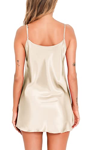 Vlazom Satin Nightshirts Sexy Nightdress Spaghetti Strap Short Negligee Nightgown Chemise Slip With Deep V Neck Champagne #TOP5