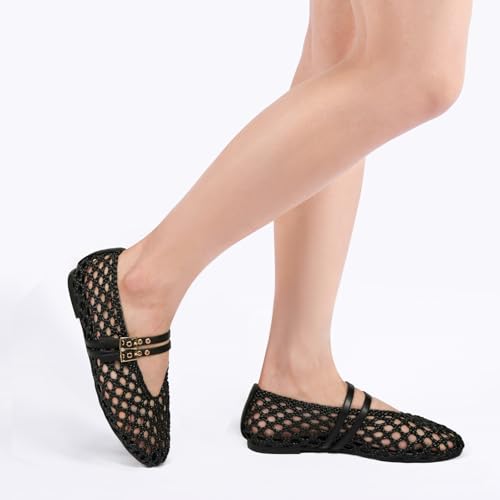 Image of Women's Woven Mary Jane Flats - Mesh Ballet Flats with Adjustable Double Metal Buckle Strap and Round Toe