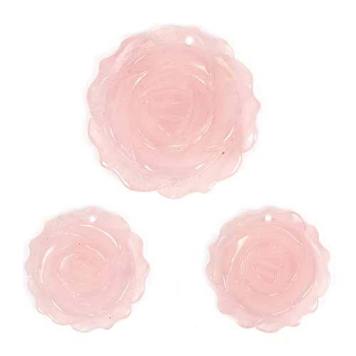 3pcs Rose Quartz Carved Gemstone Flower Pendant Earrings Beads Set for Jewelry Making DIY 1.3 Inch 1 Inch