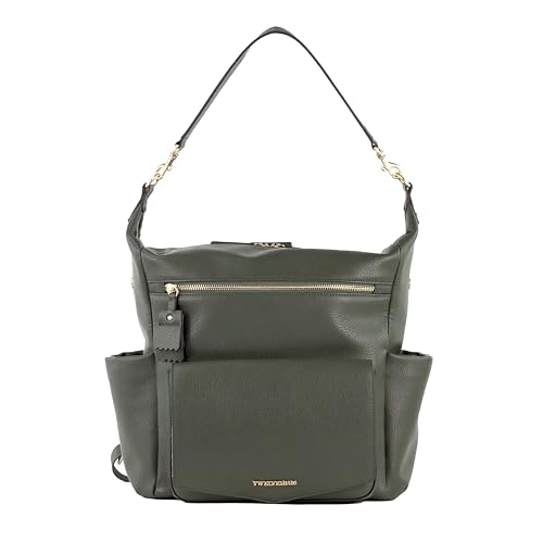 Image of TWELVElittle Peek A Boo Convertible Hobo Diaperbag Backpack with Changing Pad, Wipes Case and Stroller Clips, Vegan Leather- Olive
