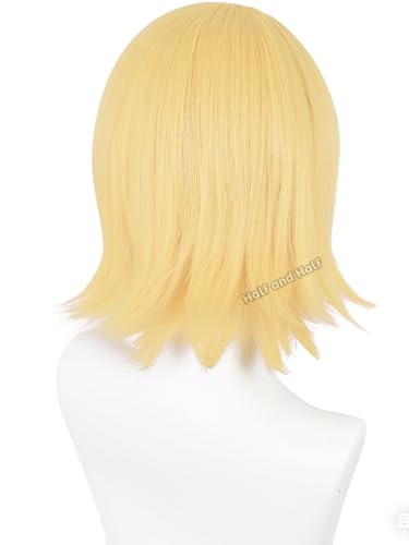 Image of Half and Half Short Blonde Side Part Anime Cosplay Wig Blonde Virtual Singer Costume Wigs Women's Light Golden Layered Hair Wig for Female Halloween Party Daily