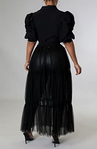 Choichic Women' Button Down Shirts High Waist Short Sleeve Sheer Mesh Patchwork Maxi Dress Long Shirts Tunics with Belt3