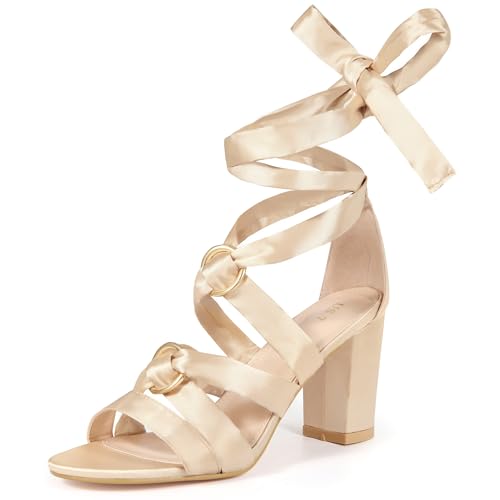 Allegra K Allegra K Women's Strappy Lace Up Satin Champagne Chunky Heels Sandals 9.5 M US