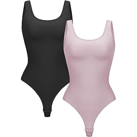 KIKIMINK 2 Piece Shapewear Bodysuit for Women Tummy Control U Neck Tank Tops Thong Seamless Body Shaper - Black Purple M/L Cover