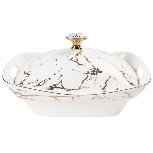 jinsongdafa Ceramic Casserole Dish with Lid, 1.9 Quart Serving Soup Tureen,Chafing Dish for Buffet, Family Food Tray, Catering Casserole for Party, Oven, microwave and dishwasher safe,Large size