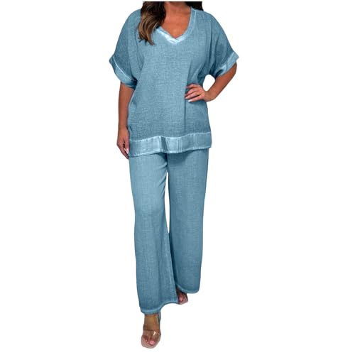 Womens Lounge Set Plus Size Fashion Pachwork Short Sleeves V-Neck T-Shirts Tops and Dressy Casual Pants Suit Blue 4X-Large